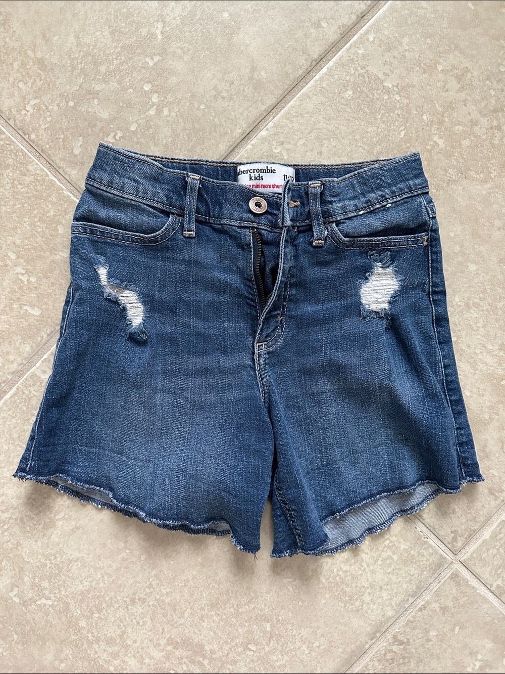 abercrombie kids dark blue distressed jean shorts